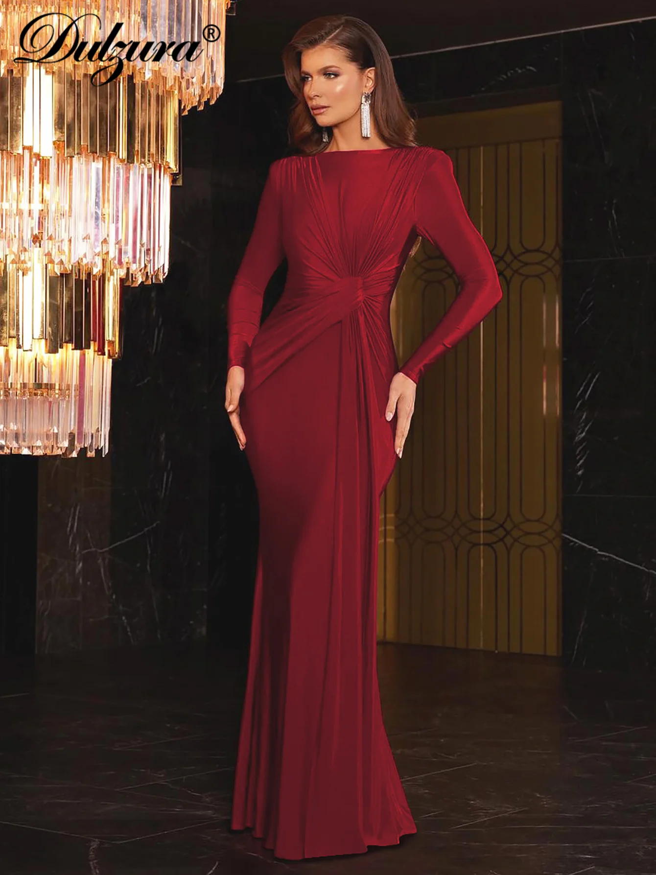 Dulzura Long Sleeves Shoulder Pad Ruched Maxi Dress Solid Elegant Slim Prom Dress For Women Evening Party Autumn Winter