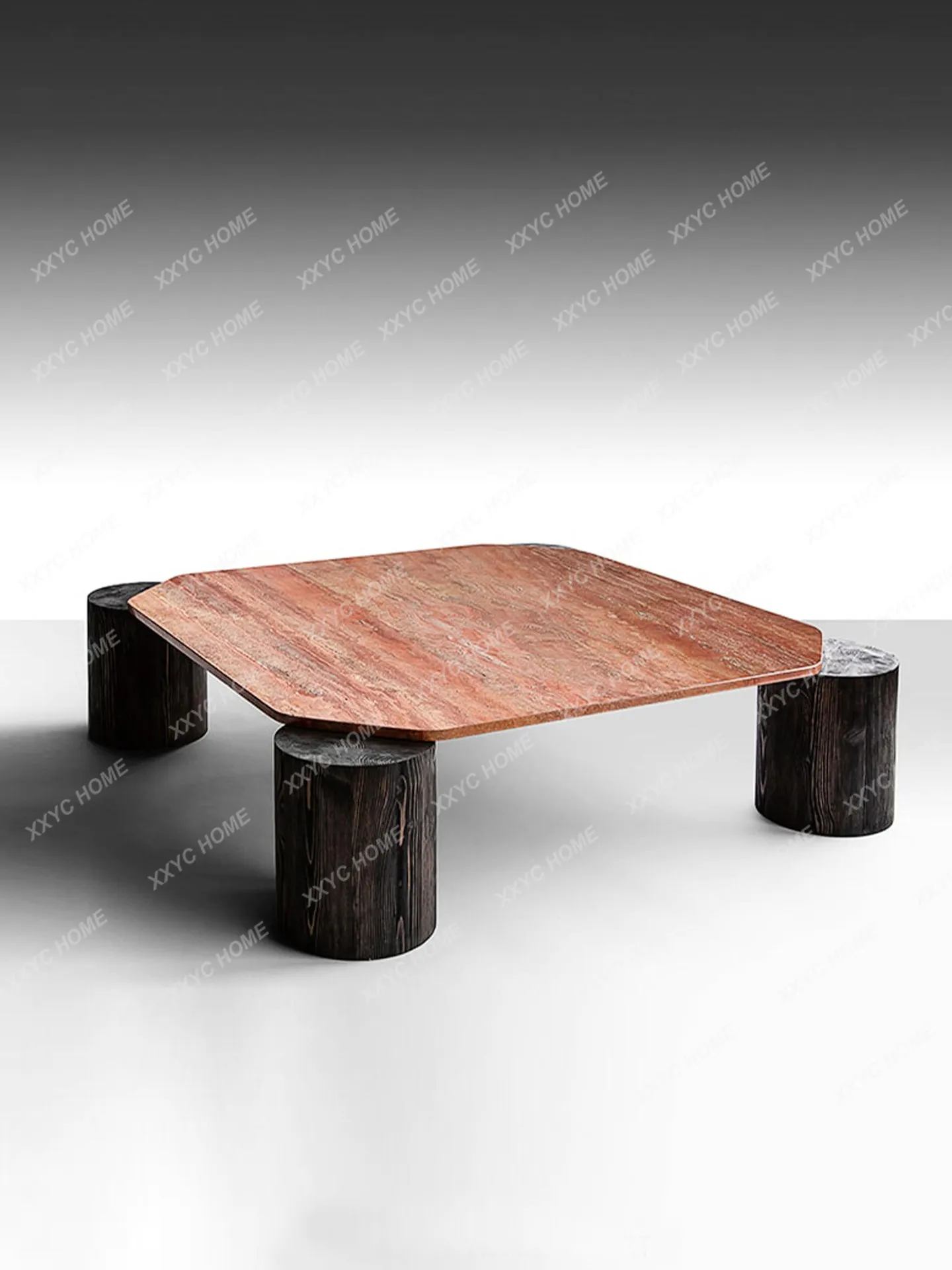 Vintage-inspired natural red travertine coffee table - solid wood, wabi-sabi style, minimalist low table with a touch of luxury