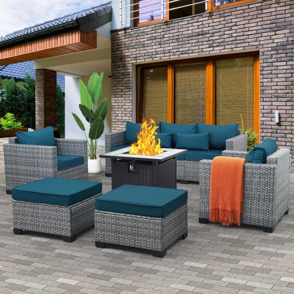 

6 Pieces Wicker Patio Furniture Sets, PE Rattan Sectional Sofa Couch with 30" Fire Pit Table, Garden Sofa Set