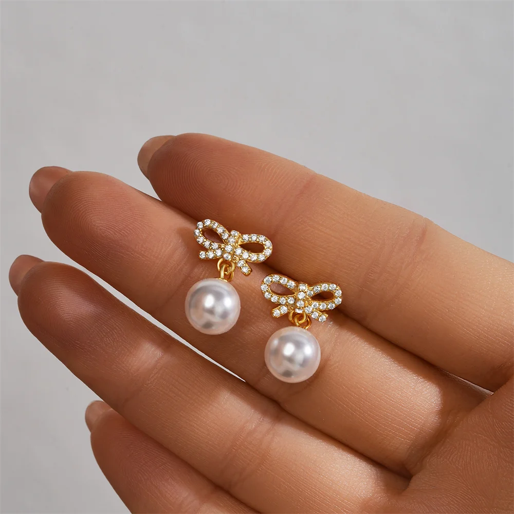 CANNER 925 Sterling Silver Bow Pearl Zircon Stud Earrings For Women 18K Gold Minimalism Drop Earrings Fine Jewelry Party Gift