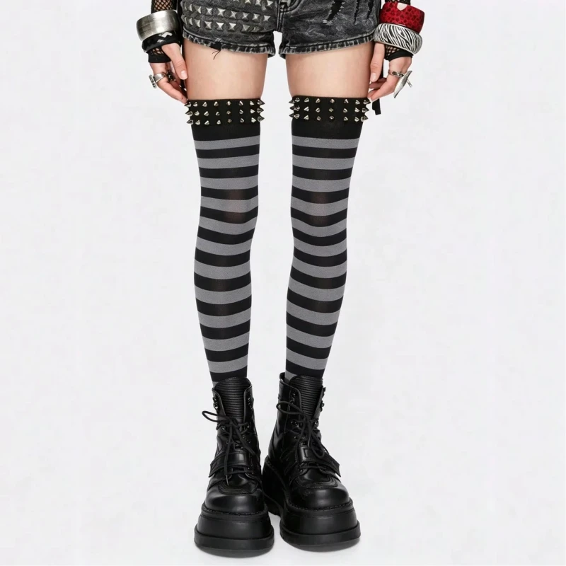 Gothic Harajuku Women Punk Rivet Thigh High Socks Fashionable Black Grey Striped Over Knee Y2K High Street Cosplay Long Hosiery