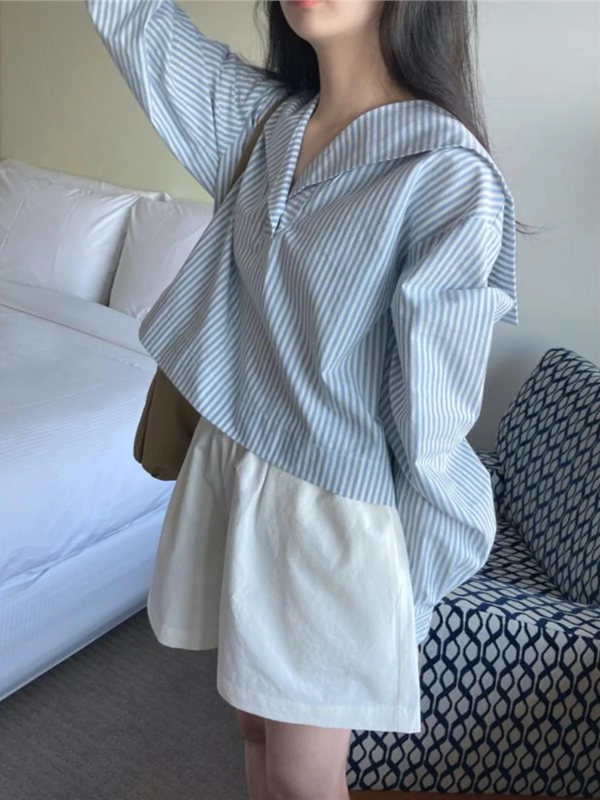 

Fre Striped Women's irt Loose Navy Collar Autumn Faion Casual Versatile Anti-Aging Top Quali Material Korean Sle