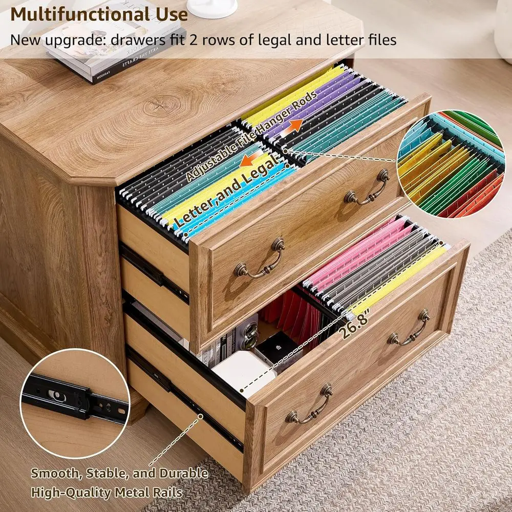 خزانة ملفات خشبية كبيرة ذات درجين مع قضبان انزلاقية ناعمة، حجم حرف/قانوني، لمسة نهائية من خشب البلوط العقدي