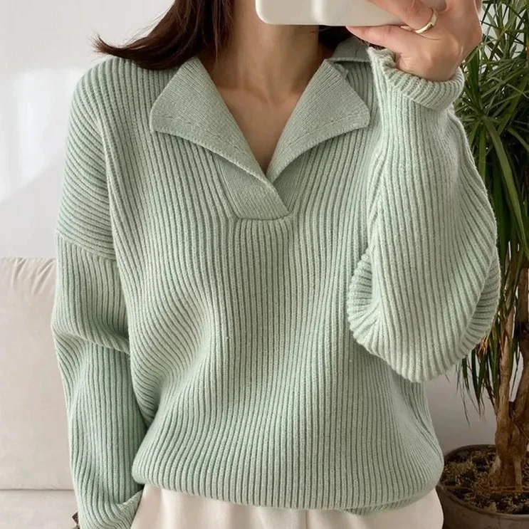 

V-Neck Knitwear Korean Style Open Half Autumn New Style Casual Comfortable Polyester Fiber Top
