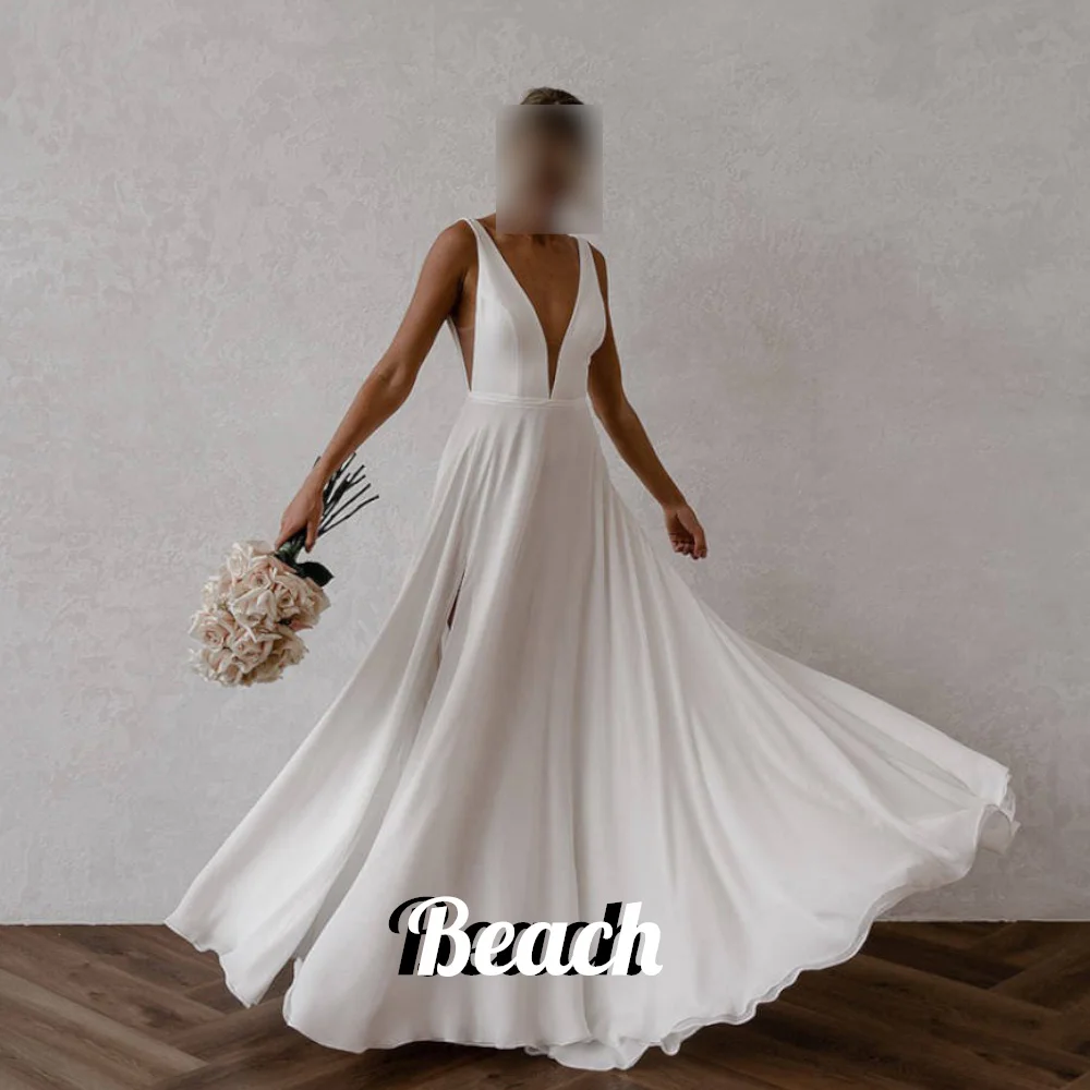 

Beach Deep V Neck Zipper Back Side Silt Solid Color Garden Wedding Reception Outdoor A-Line Floor Length Sweep Train Charming