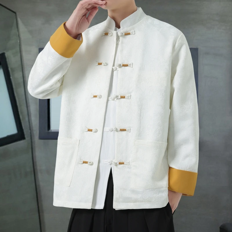 Men's Chinese Style Stand Collar Jacket with Single Row Frog Buttons Long Sleeve Embossed Plum Blossom Coat Traditional Tang Top
