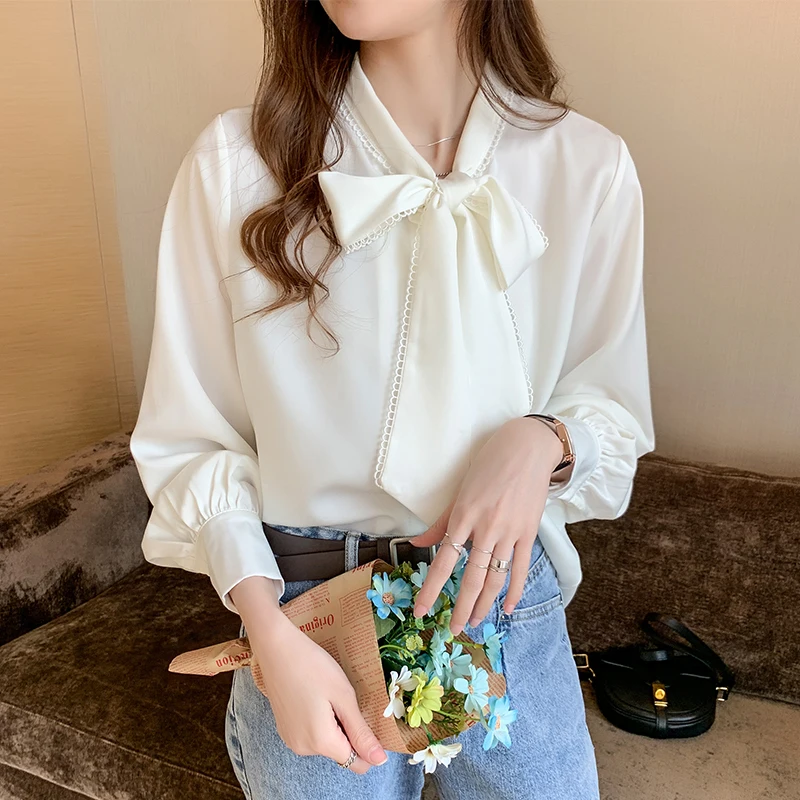 2024 Spring Loose Korean Tops Fashion Autumn Chiffon Blouse Bow Blue Long Sleeve Shirt White Office Lady Clothes Blusas 10691