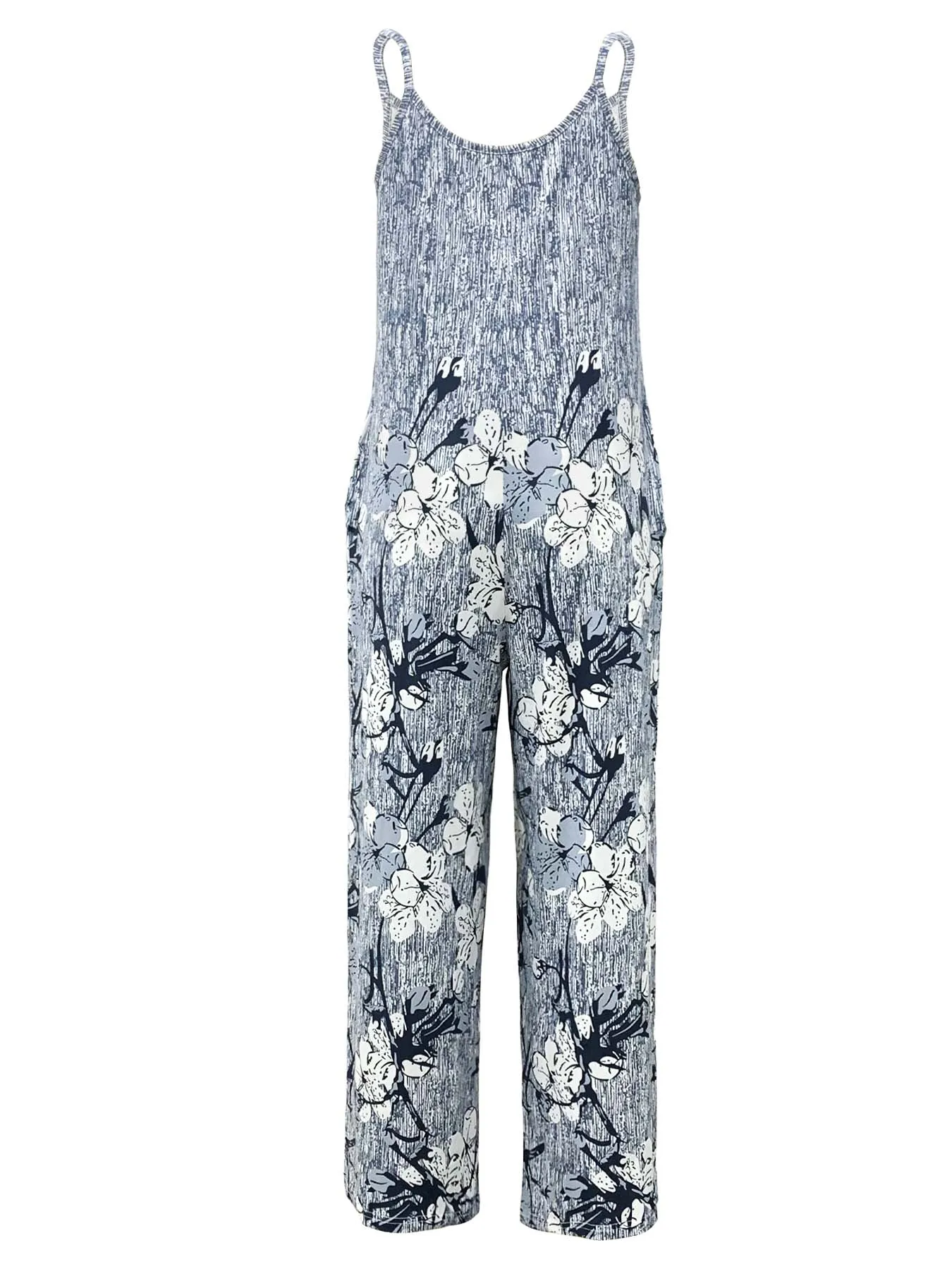 Plus Size Floral Print Cami Jumpsuit, Casual Pockets Sleeveless Jumpsuit For Summer, Women's Plus Size Clothing