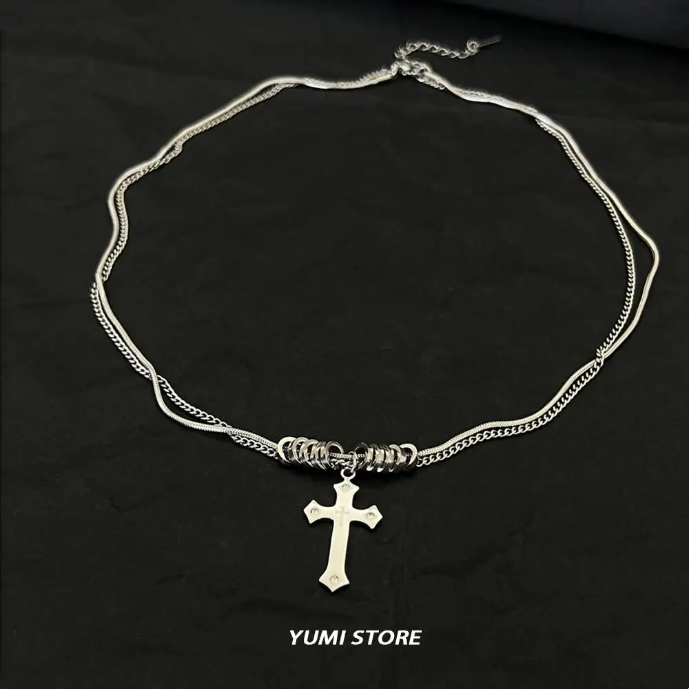 Titanium Steel Cross Double-layer Necklace For Man Woman Trend Sweater Chain Pendant Necklace Charm Jewelry Unisex Accessories