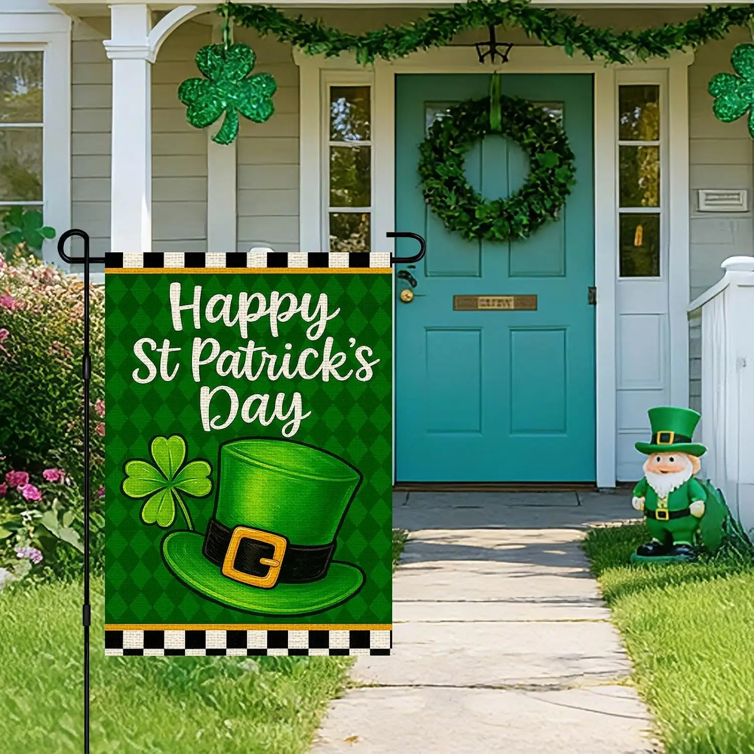 St. Patrick's Day Garden Flag 12 x 18 Inch Yard Flag Double Sided Burlap Green Leprechaun Hat Clover Pattern Decorative  MMZ