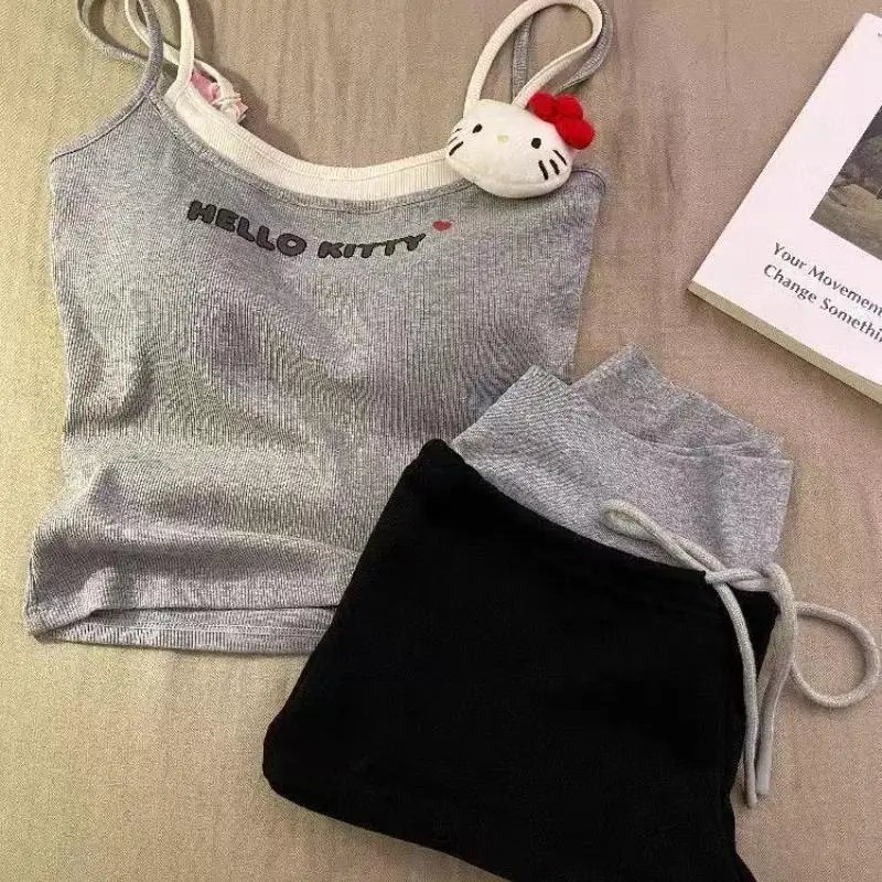 2 pezzi gattino pigiama da donna set pantaloncini cartone animato abbigliamento per la casa fionda Y2K dolce estate fresco pettorale gilet pantaloncini vestiti coreani