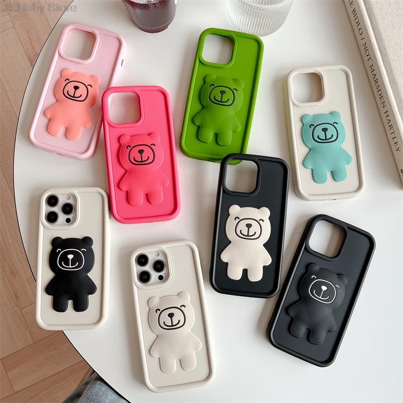 Liquid Silicone Shockproof Full Coverage Bear Soft Glitter Jellewed Phone Case For iPhone 11 12 13 14 15 16 Pro Max Plus Cover