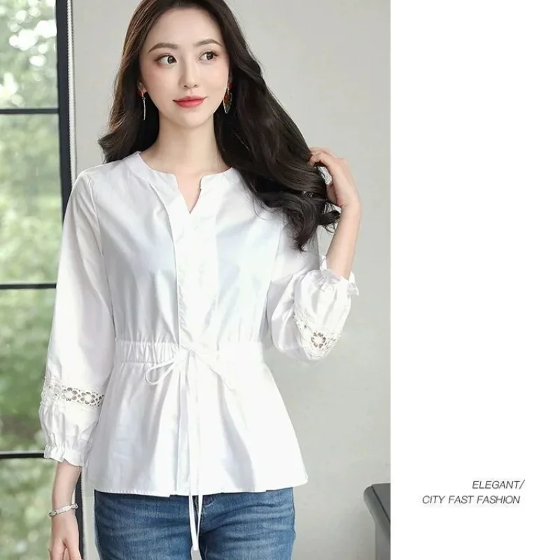 Spring New Drawstring Loose Hollow Out Blouse Solid Color Lacing Pleated All-match Shirt Tops Elegant Vintage Women Clothing