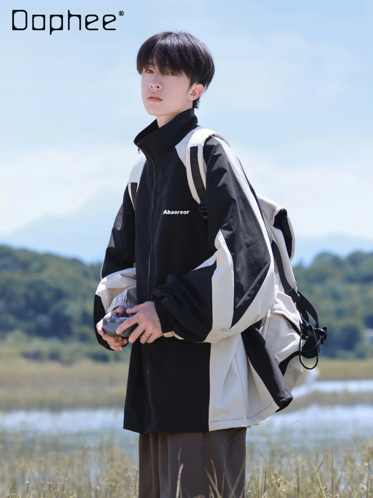 

Autumn Winter American Style Black and White Patchwork Loose Casual Jacket Fleece Lining Thickened Warm Khaki Cotton Coat