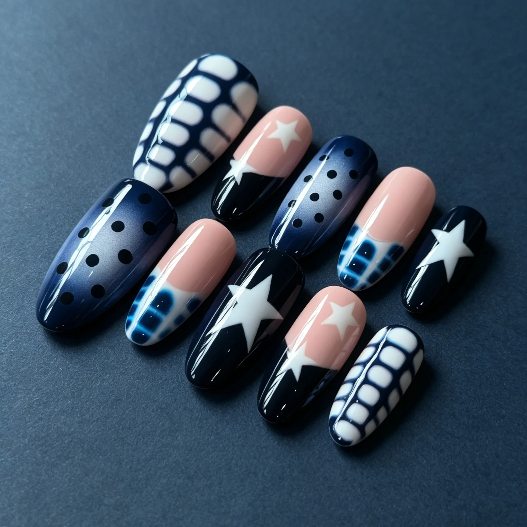 10 pieces of hand pressed almond shaped nails, beautiful fake nails, sea blue snake ripple dotted stars, suitable for women