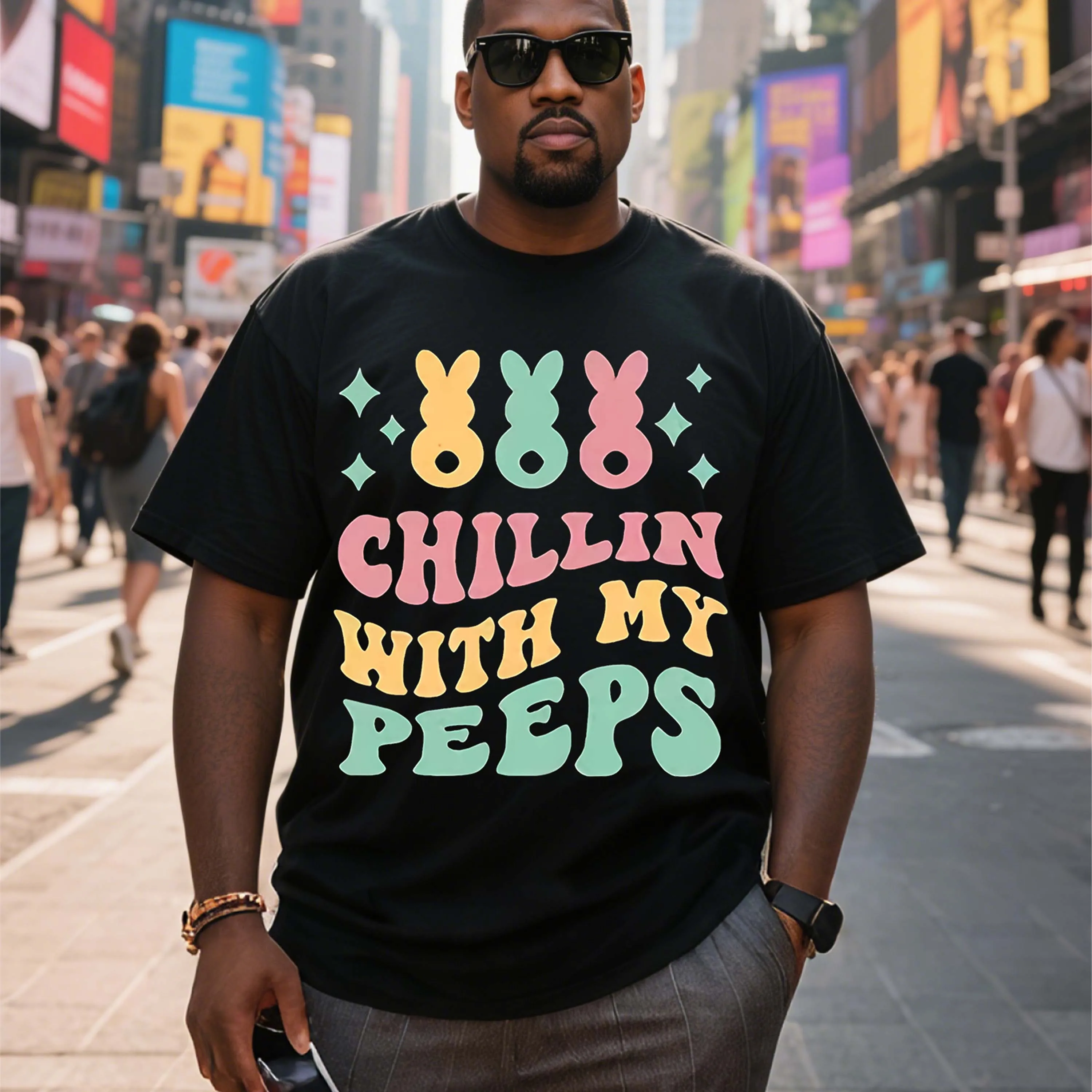 Plus Size Black Short Sleeve T-Shirt with Cartoon Pattern Print Suitable for Outdoor Leisure Wear in Summer