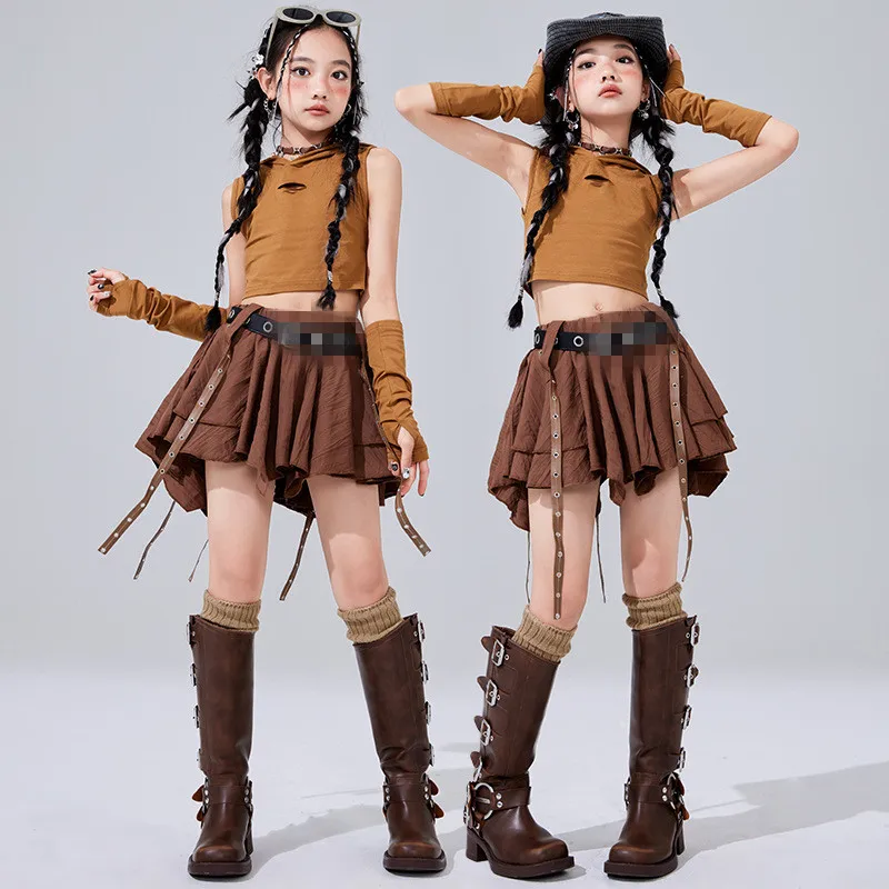 Girl Hip Hop Clothing Brown Hoodie Tank Crop Tops Coffee Street Strap Pleated Mini Skirt for Kid Jazz Dance Costume Clothes