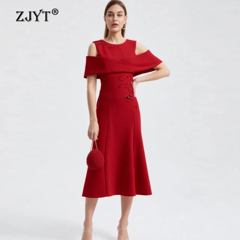 

ZJYT Clearance Promotion Red Elegant and Formal Evening Party Dresses for Women Summer Luxury Wedding Guest Gown Midi Vestidos