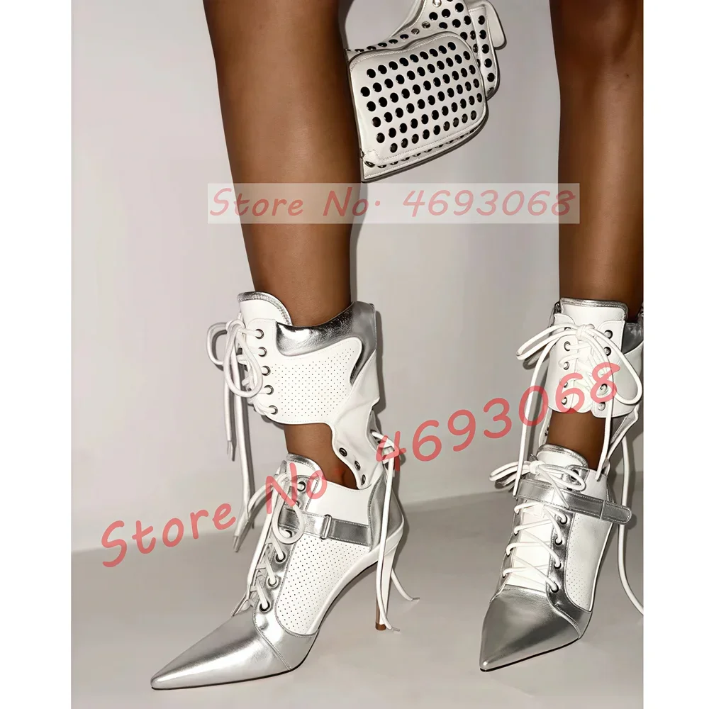 

Silver White Cutout Heels Sporty Booties Women Sexy Patchwork Pointed Toe Lace Up Shoes British Sytle Chic Spring Mid Calf Boots