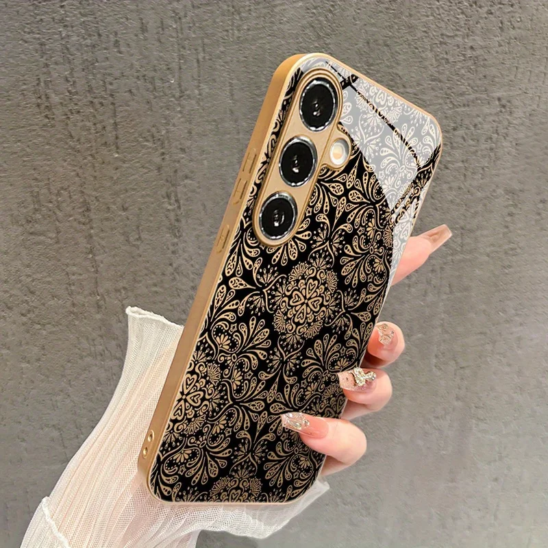 Funda de vidrio con patrón floral negro y dorado para Samsung Galaxy S26 S25 S24 S22 S21 S20 FE/Ultra/Plus, anti caídas 2