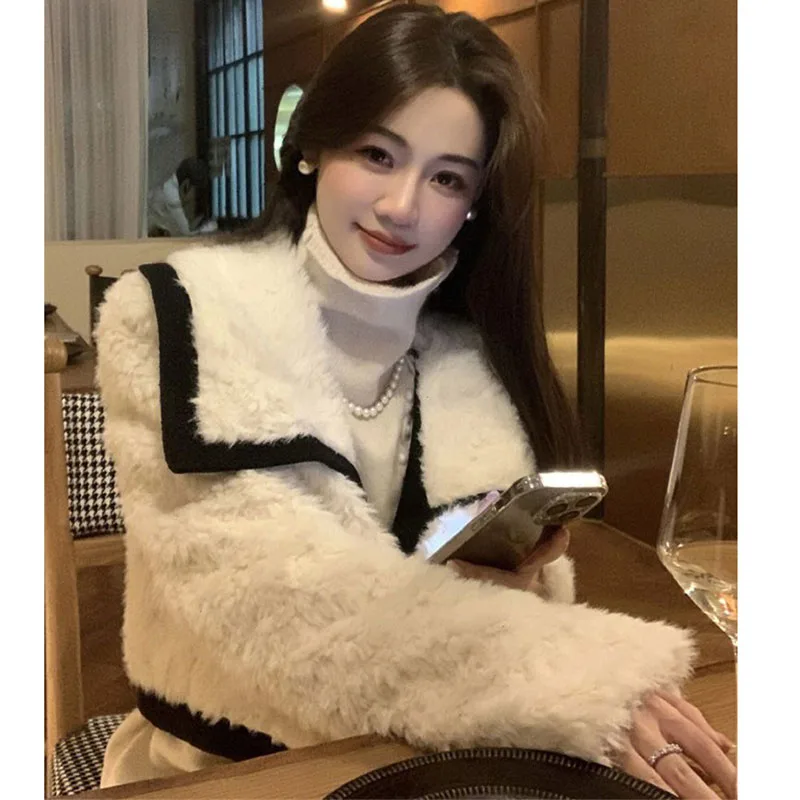 White Large Lapel Milk White Fur Coat plush coat Autumn And Winter Thickened Short Velvet Plush Top Lamb Wool Coat Plush Coat