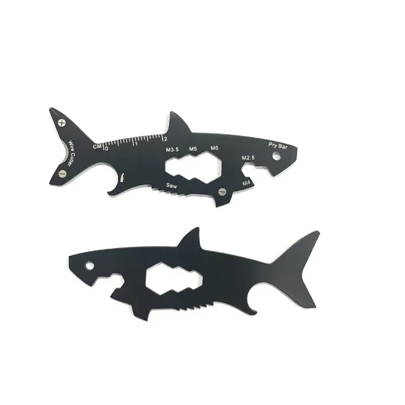 15 in 1 Outdoor Portable EDC Survival Tool Card Shark Shaped Bottle Opener Multifunctional Keychain