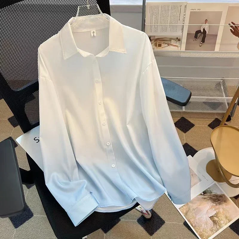 Vintage Korean Fasion Gradient Blouse Office Women New Long Sleeve White Simple Shirt 2023 Spring and Autumn Loose Tops 30081