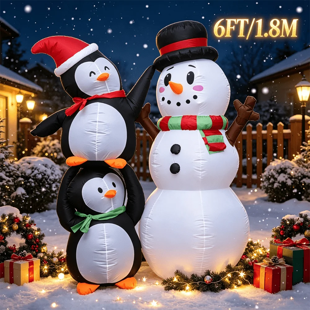 6FT/1.8M Inflatable Model Toy Stacked Penguins And Snowman with LED Light Blow Up Outdoor Christmas Yard Decor