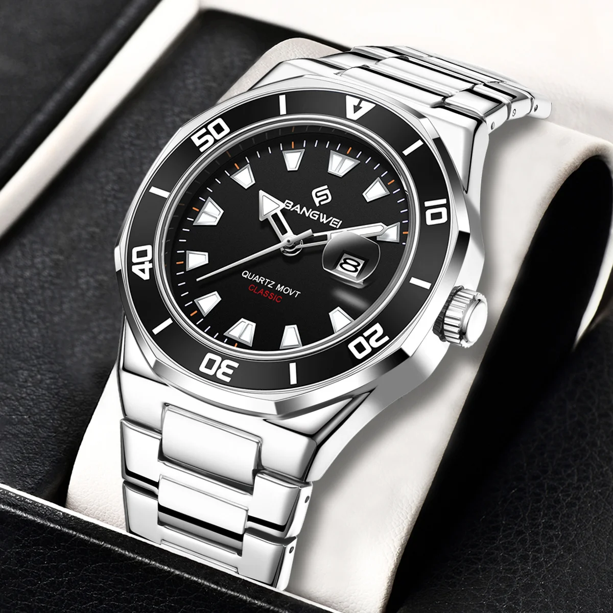 BANGWEI Classic Men's Business Watches 30M Waterproof Luminous Quartz Wristwatch Luxury Stainless Steel Calendar Man Watch+Box
