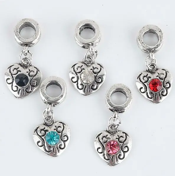 10pcs 14x12mm Red Sky Blue crystal Heart Dangle European Charms Dark Silver Color PB620