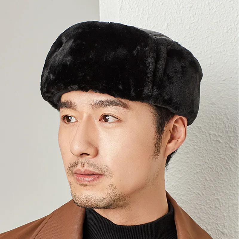 Winter Man Genuine Leather Cap Male Warm Faux Fur Inside Big Earflap Middle-Aged Elderly Father Lei Feng Hats Gorras Ear Cap