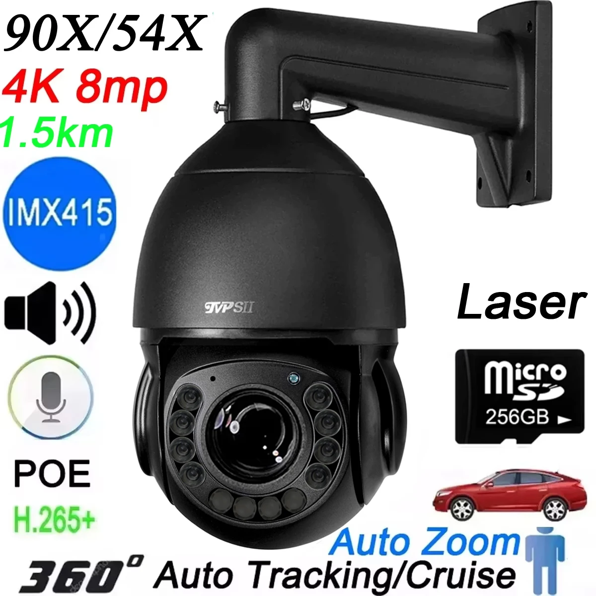 Laser Led Metal Auto Tracking 30fps 8MP 4K 90X 54X Optical Zoom 360° Audio Outdoor ONVIF Surveillance Speed PTZ Doom IP Camera