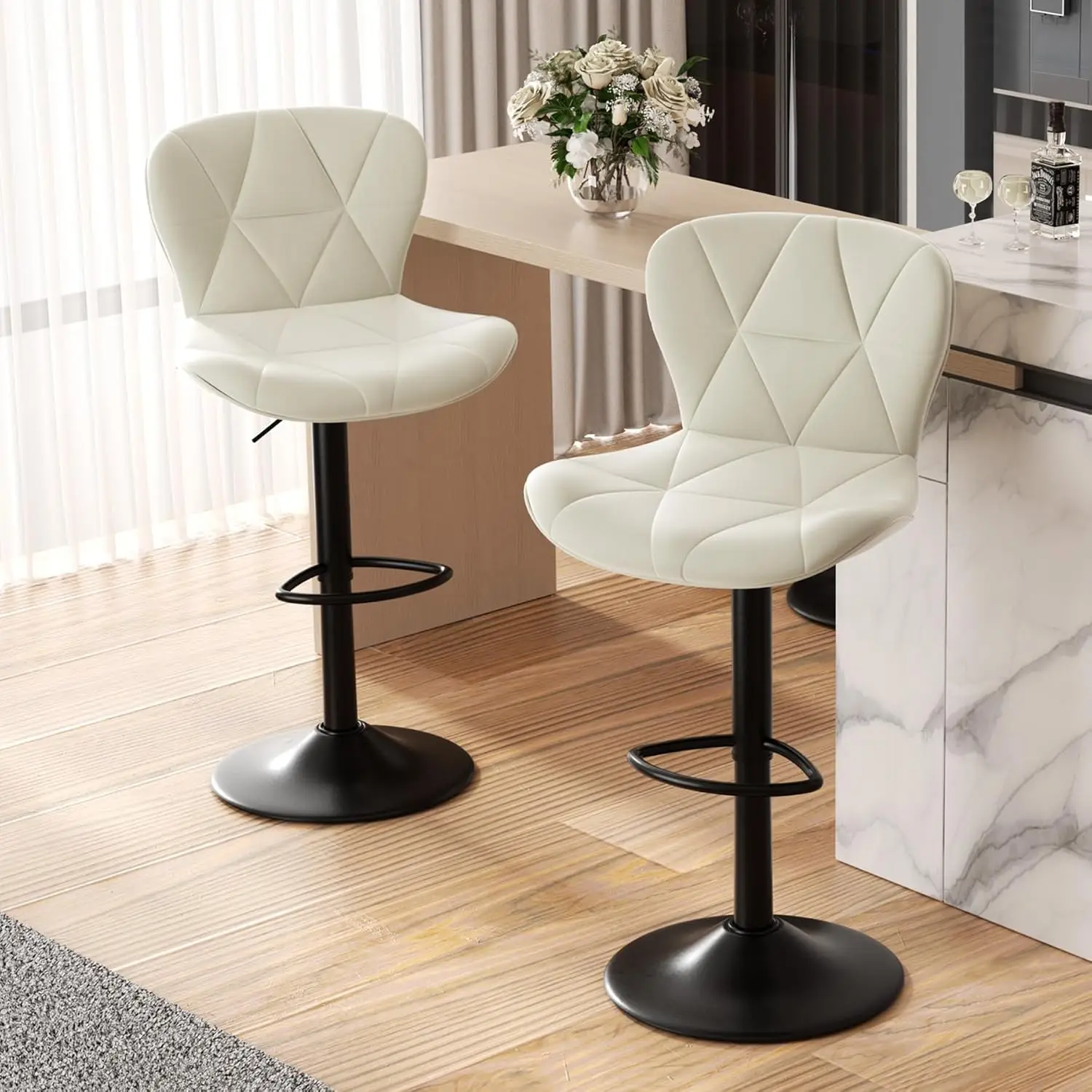 

Modern Bar Stools Set of 2, Adjustable Faux Leather Upholstered Swivel Bar Stools, Counter Bar Chairs with Back for Kitchen I