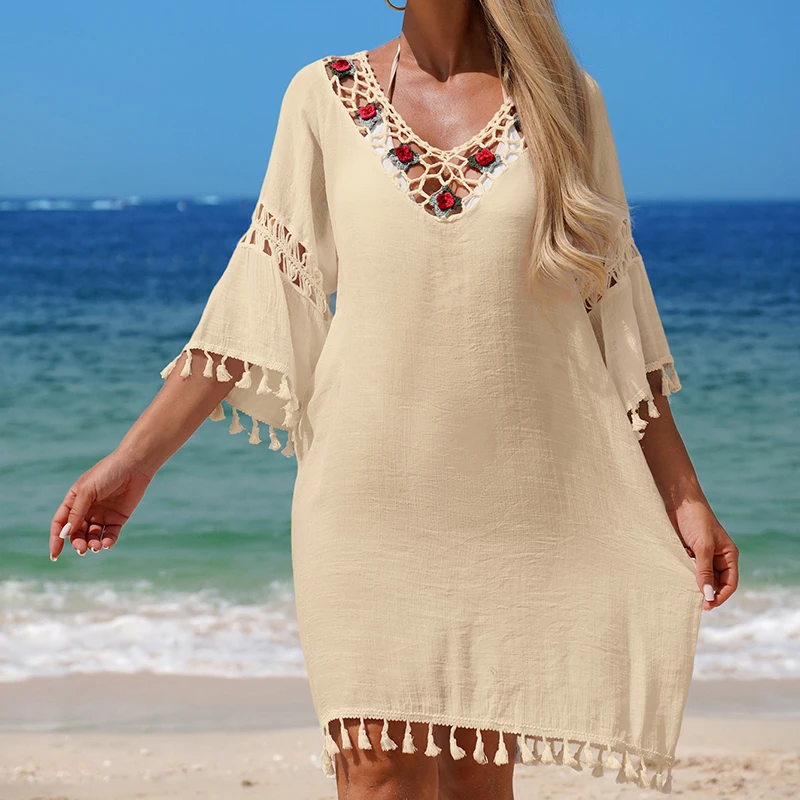 ชุดคลุมบิกินี่แบบโปร่งใสลายปะติดปะต่อแบบแฮนด์เมด ตกแต่งด้วยลายดอกไม้ แฟชั่นลำลอง สไตล์หลวมๆ ชุดว่ายน้ำสำหรับผู้หญิง