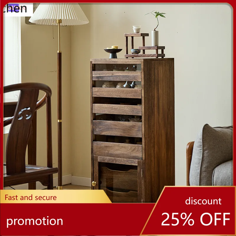 HXL Solid Wood Simple Tea Cabinet Walnut Color Tea Room Storage Chest Tea Set Cabinet