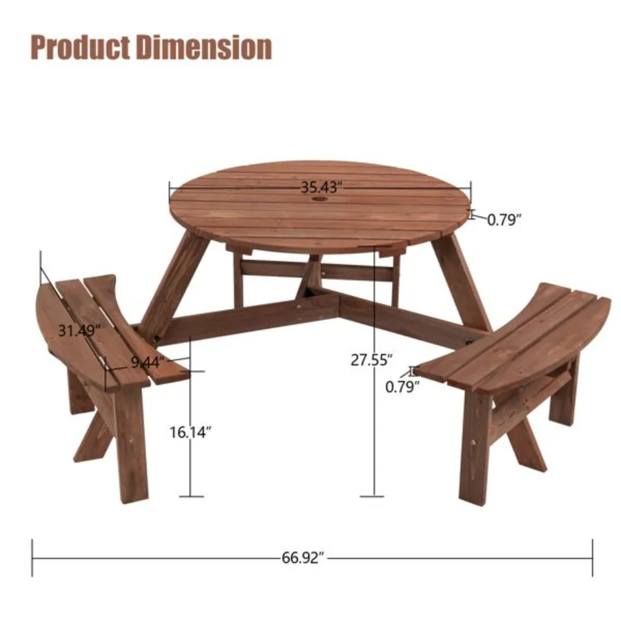 6Person Outdoor Circular Wooden Picnic Table with 3 Builtin Benches for Patio Backyard Garden Brown