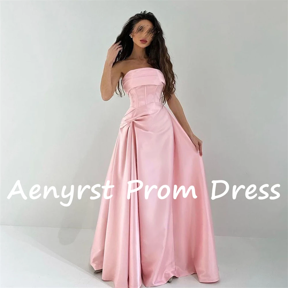 Aenyrst Roze Strapless Geplooide Prom Jurken Satijn Straight Avondjurken Vloerlengte Verjaardagsfeestjurk Elegant فساتين السهرة