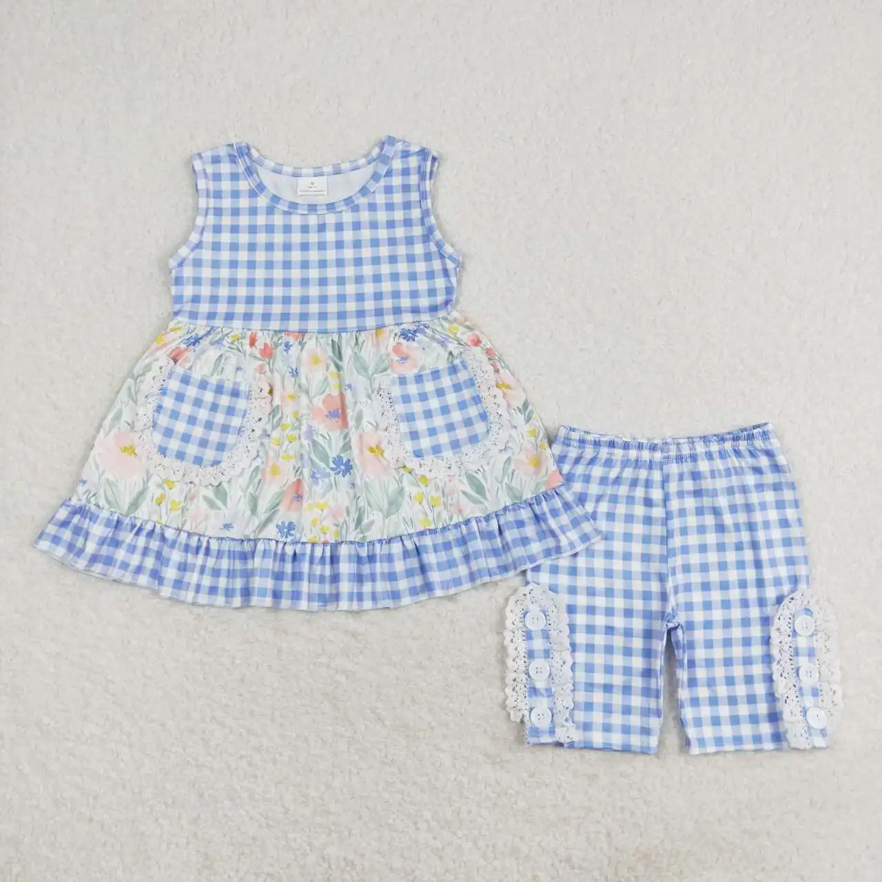 Roupas florais de verão para bebês, roupas infantis, butique, top de mangas curtas, shorts xadrez azul, novos conjuntos