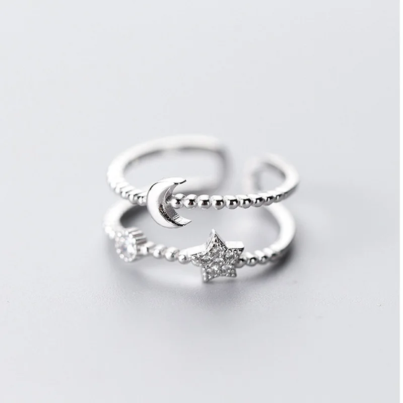 Retro Minimalist Opening Rings For Women Double Layer Moon Stars Cross Zircon Adjustable Finger Ring Girl Personality Jewelry image 6