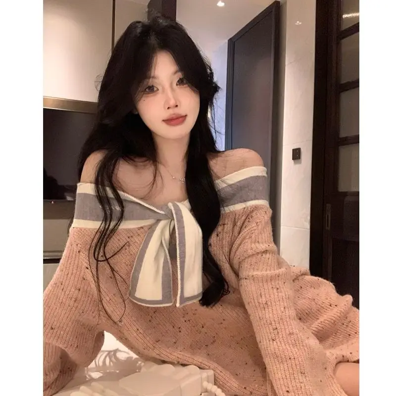 

Sweet Bow V-neck PinkCausal Slimming Long Sleeved Sweater Knitted Top Women's Autumn Winter New Style Pullovers