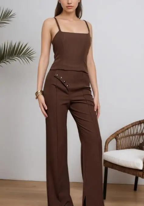 Two Piece Set Women Outfit 2026 Spring Summer New Solid Color Square Neck Sleeveless Vest Top & High Waist Wide Leg Pants Set