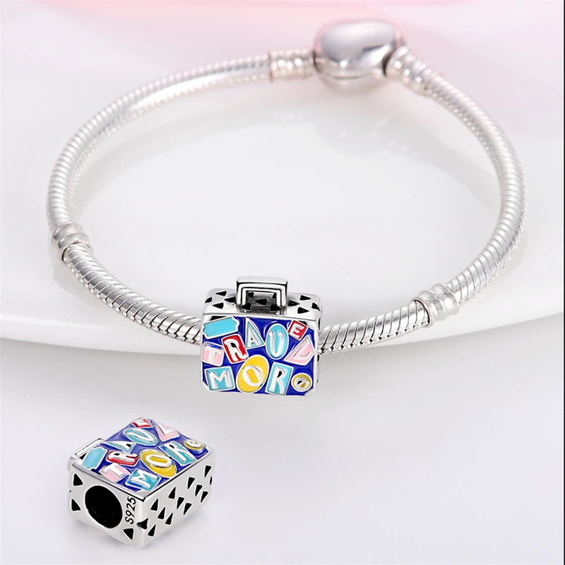 2024 Hot Sale Blue Travel Sticker Suitcase Beads Charm Beads Fits Pandach Bracelet For Women Silver Charm Beads DIY Jewelry Gift