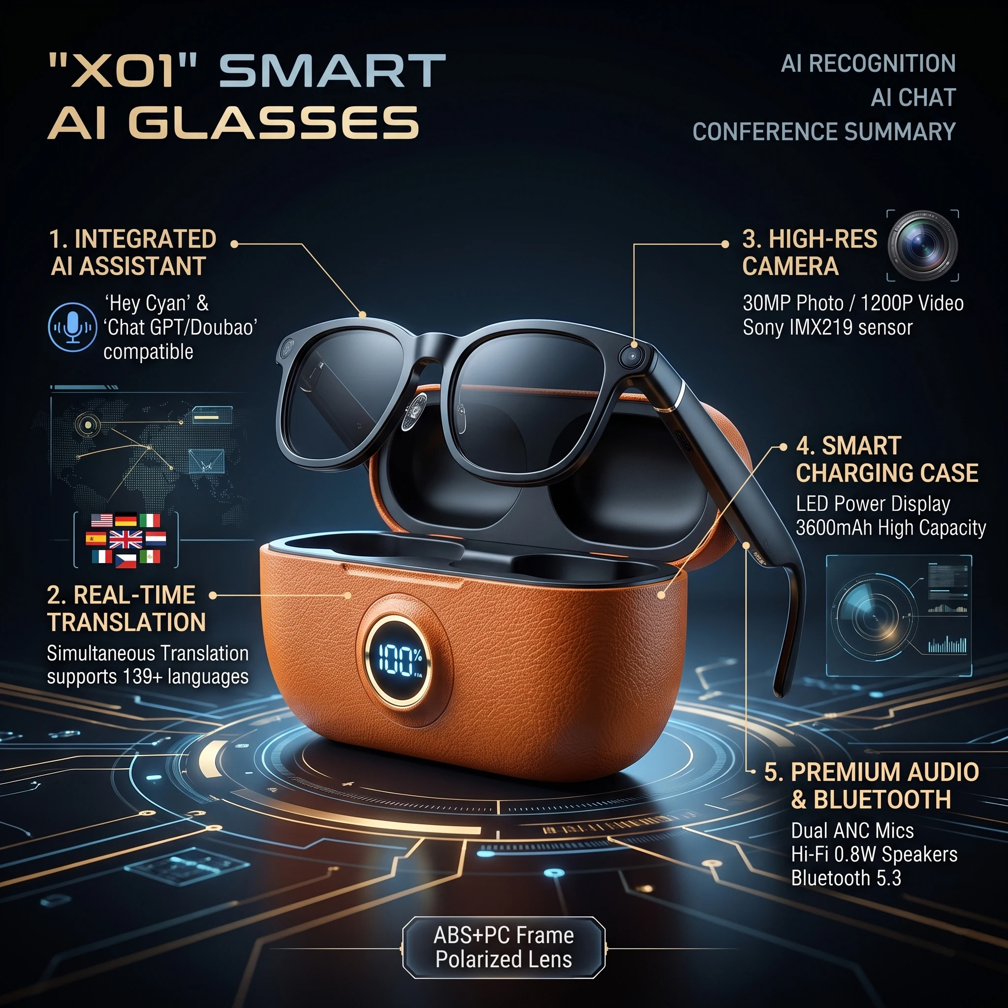 AI Smart Glasses NEW X01 Real-time Translation Glasses 800W Pixel Camera Photo Video Recording Smart Wearable Devices