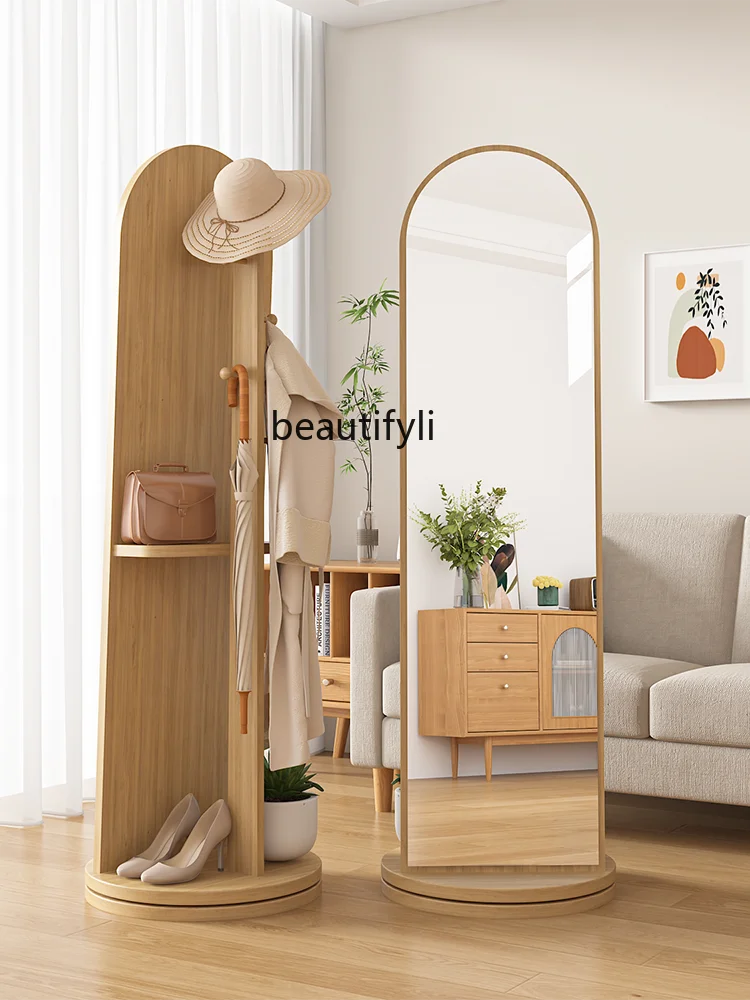 Rotatable Dressing Mirror Household Movable Girls' Bedroom Full Body Coat and Cap Clothes Rack Integrated Floor Mirror