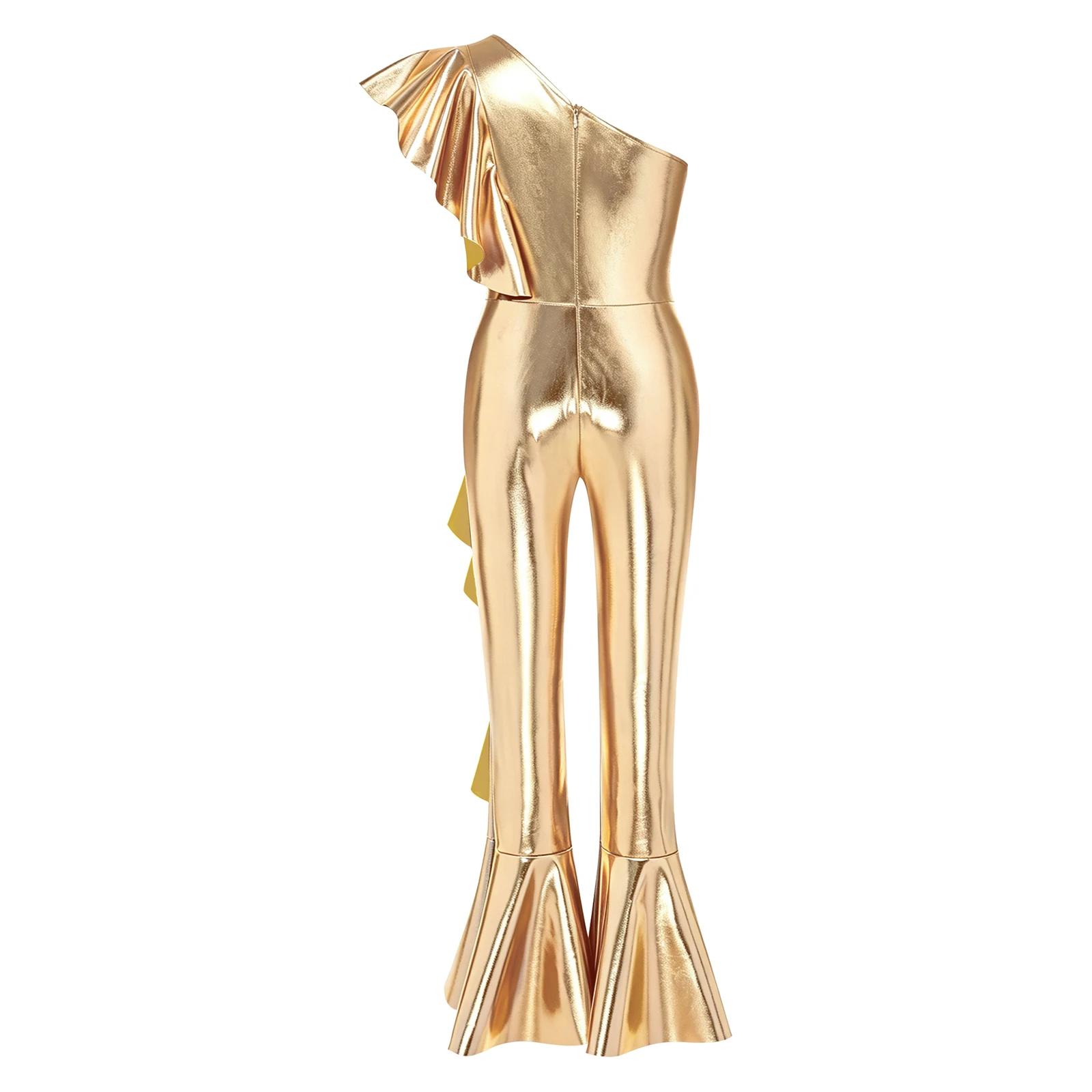 Kids Girls Metallic Shiny Pageant Jumpsuit One Shoulder Ruffles Hippie Bell Bottom Rompers Unitard 70S Disco Jazz Dance Bodysuit