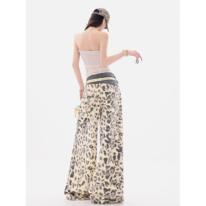 ارتفاع الخصر ممزق هول سليم امرأة الجينز Y2K الأمريكية الرجعية ليوبارد النساء الجينز جديد عادية فضفاض بنطال ذو قصة أرجل واسعة الإناث شيكلي