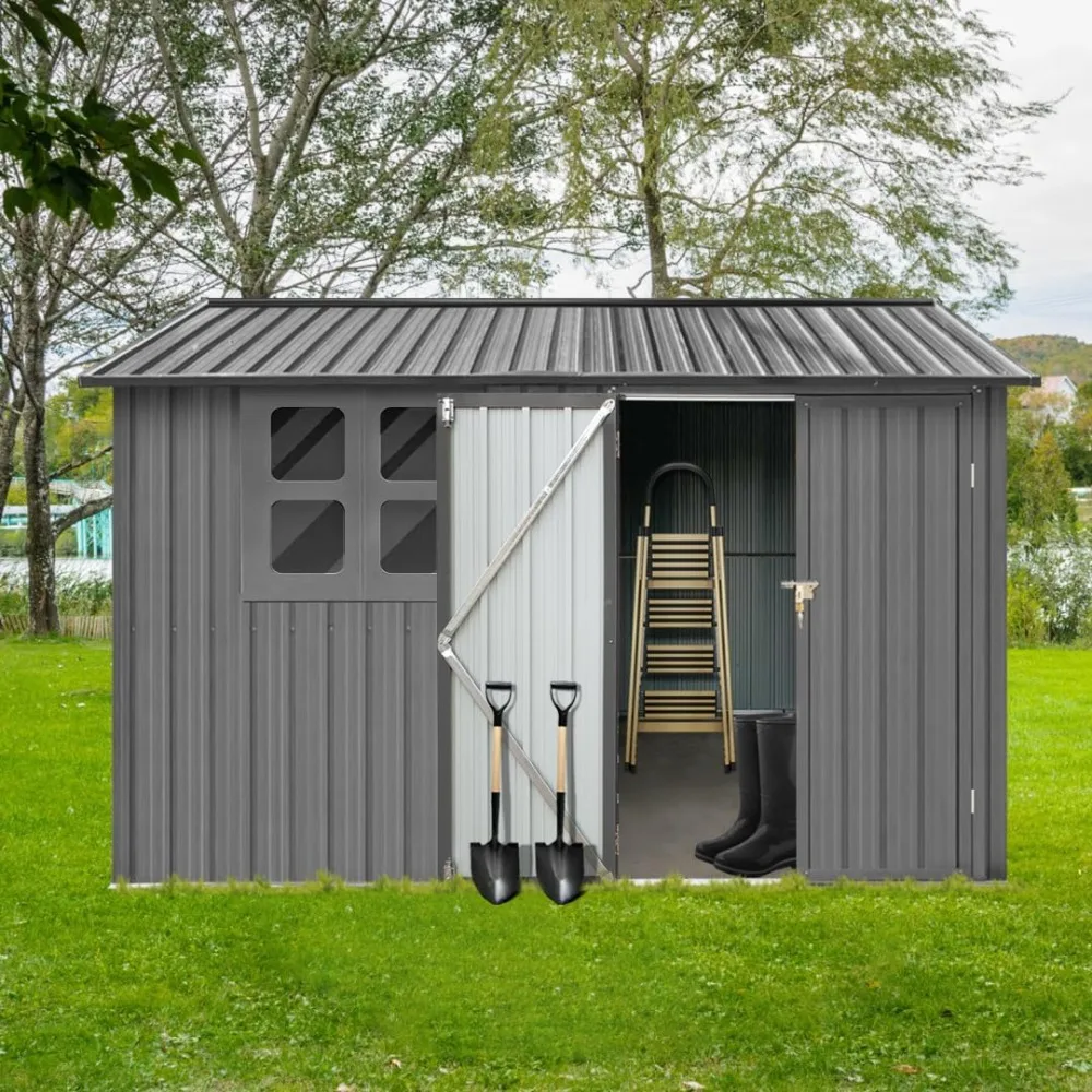 

8x6 Foot Metal Outdoor Storage Shed, Weather Resistant Tool Shed, with Lockable Doors, Ventilation Vents, and Windows