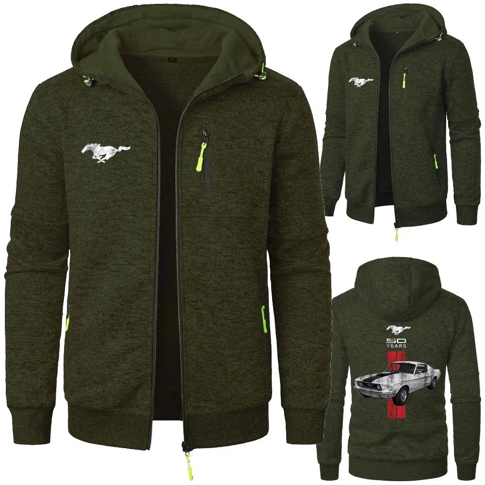Homens casuais esportes hoodies 50 anos mustang carro jaquetas dos homens com capuz outwear lã quente agasalho casaco com zíper hoodies