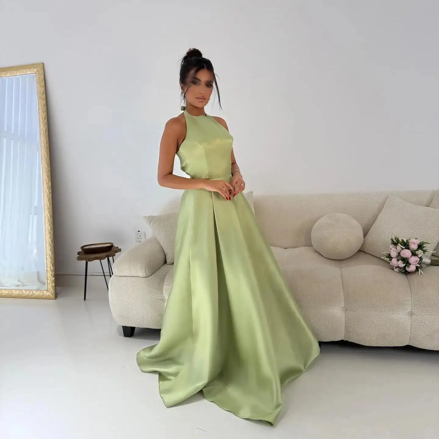 AsaNagi Elegant customized Halter Neck Prom Gown Women Green A-Line Bow Party Evening Dress Floor Length Formal Occasion Gowns