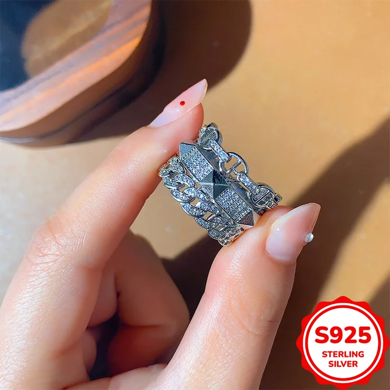 

Fashionable and Personalized Genuine S925 Silver Irregular Chain Women's Wide Ring